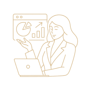 Icône d’une femme présentant un graphique sur un ordinateur portable, représentant les ateliers thématiques en présentiel.