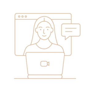Icône d’une femme en visioconférence sur ordinateur, illustrant les séances de sophrologie individuelles à distance.