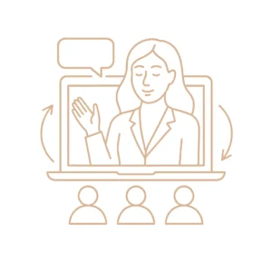 Icône d’une intervenante animant un webinaire en petit groupe, symbolisant les séances collectives en ligne de sophrologie.