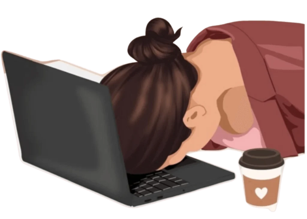 Illustration d’une femme épuisée devant son ordinateur, symbolisant la gestion du stress et des angoisses grâce à la sophrologie.