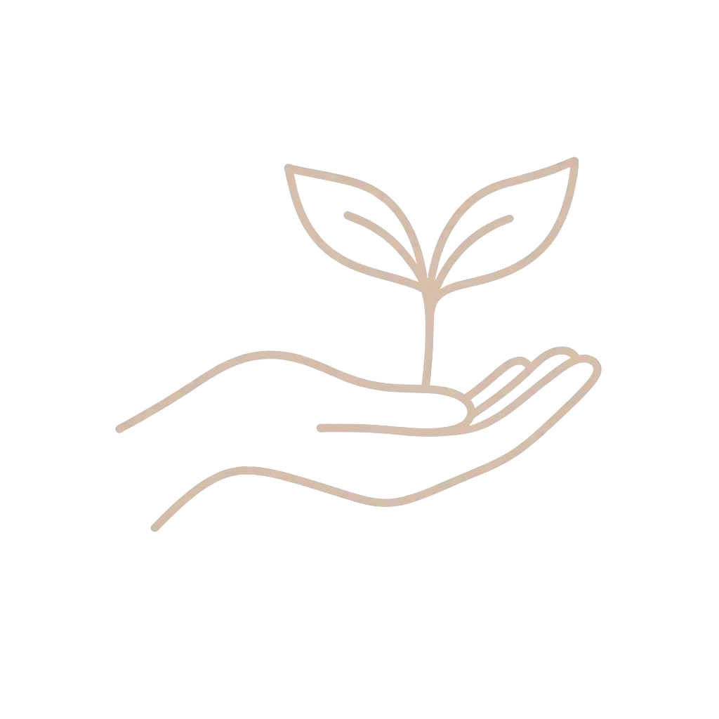 Illustration minimaliste de main offrant une plante qui pousse, symbole de croissance et de bien-être en sophrologie.